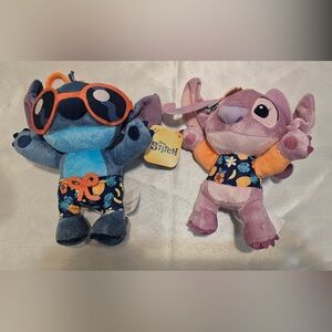 2 Disney Stitch Plush w/Bag Clips with Tropical Outfit